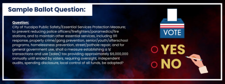 Question: City of Yucaipa Public Safety/Essential Services Protection Measure; to prevent reducing police officers/firefighters/paramedics/fire stations, and to maintain other essential services, including 911 response, property crime/gang prevention, senior/youth/afterschool programs, homelessness prevention, street/pothole repair, and for general government use, shall a measure establishing a 1ȼ transactions and use (sales) tax providing approximately $6,000,000 annually until ended by voters, requiring oversight, independent audits, spending disclosure, local control of all funds, be adopted? Vote Yes No