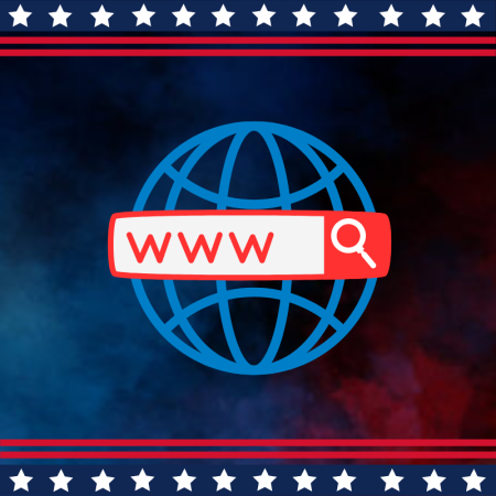 icon of a globe with a web search box in front www typed in the box surrounded by a patriotic border