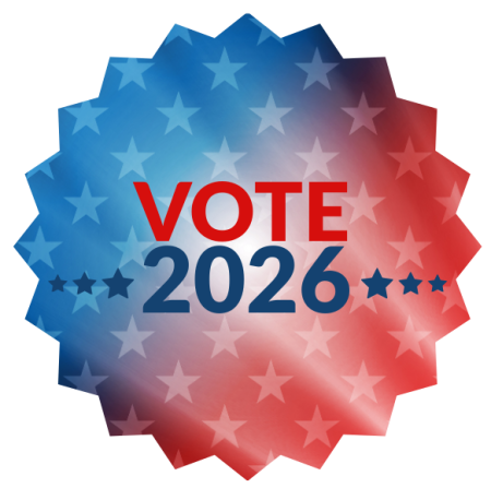 red and blue background with stars "VOTE 2026" is centered in red and blue text