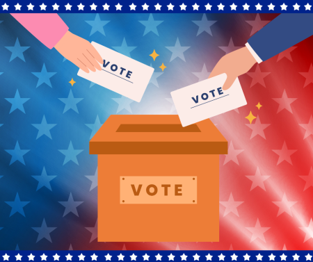 red and blue background with stars. A ballot box with the word "vote" is centered with two hands inserting ballots.