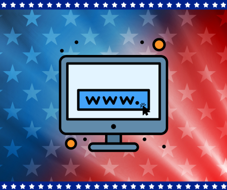 red and blue background with stars. Centered is a computer screen with the text "www" and a mouse pointing at it