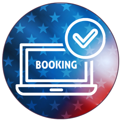 a button with a computer witht the word "BOOKING" displayed that will take users to the page to book an appointment with the City Clerk to pull or return nomination papers for the election.